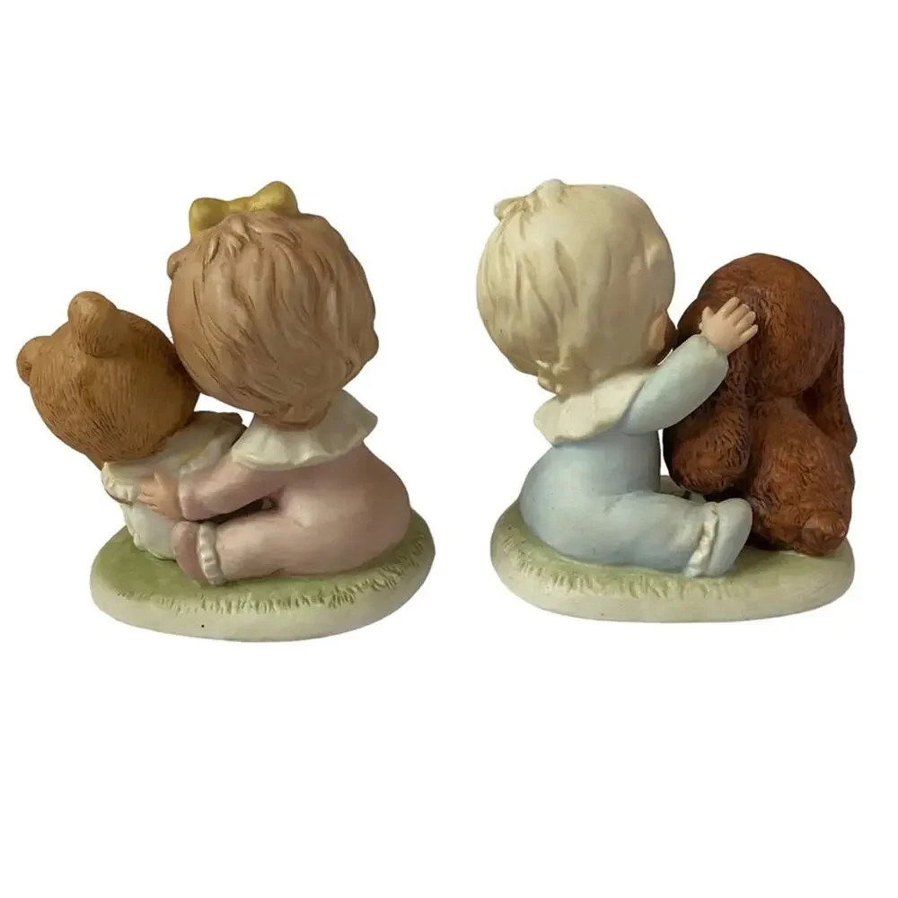 Vintage Homco Baby Figurines Girl with Bear Boy with Puppy Dog #1424 Set of 2